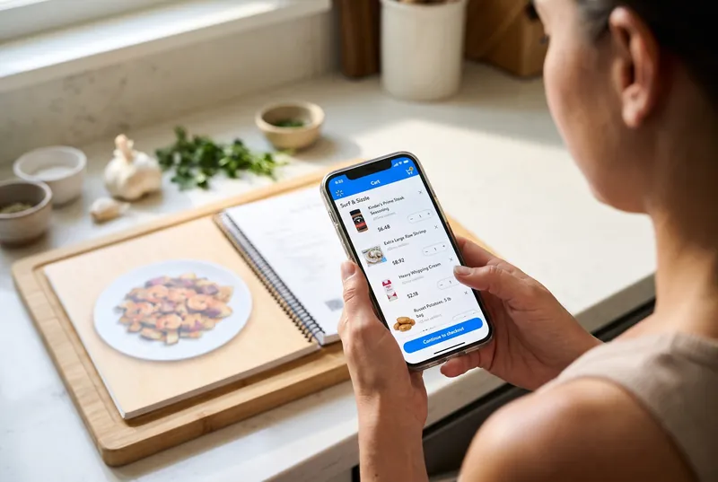 A Walmart cart on a phone, filled with the Surf & Sizzle ingredients