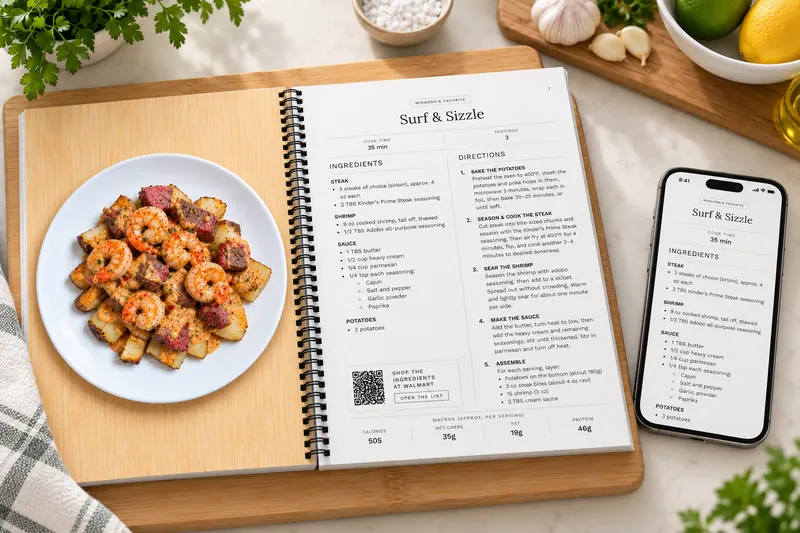 The cookbook open to the Surf & Sizzle recipe, with the same recipe on a phone beside it