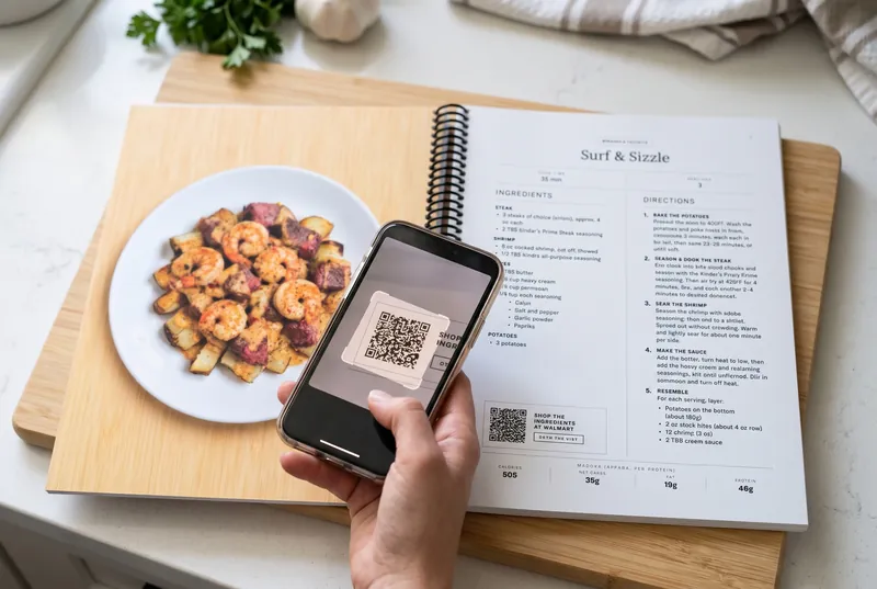 A phone scanning the QR code on a recipe page