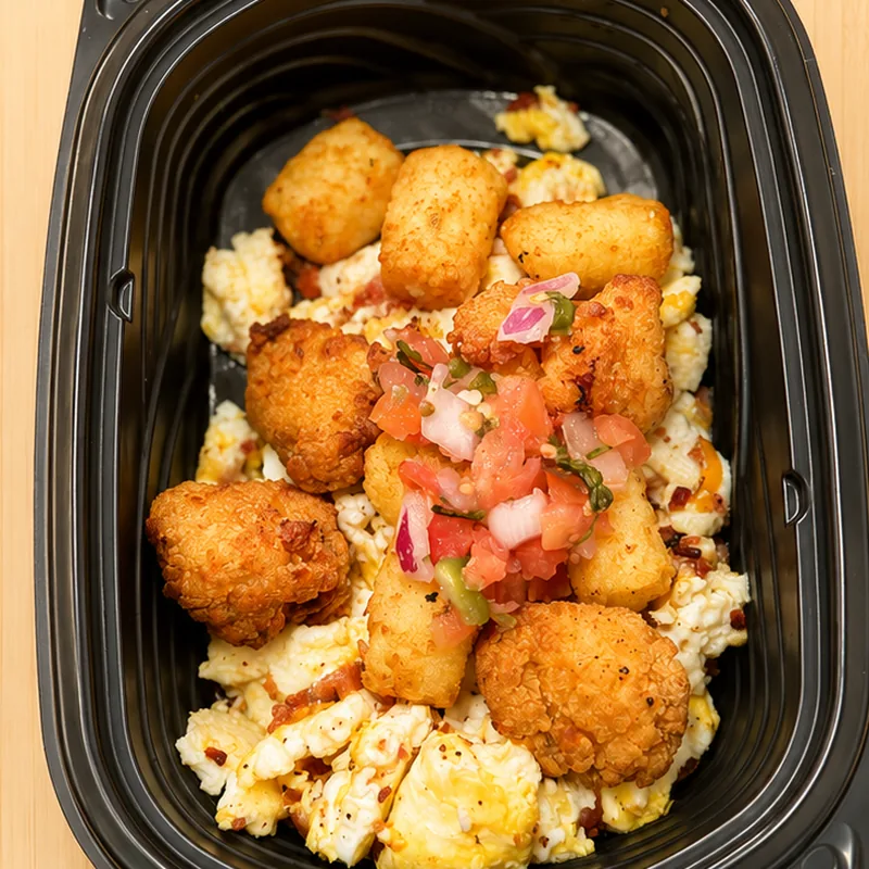 Crispy Chicken Breakfast Bowl, cooked and plated