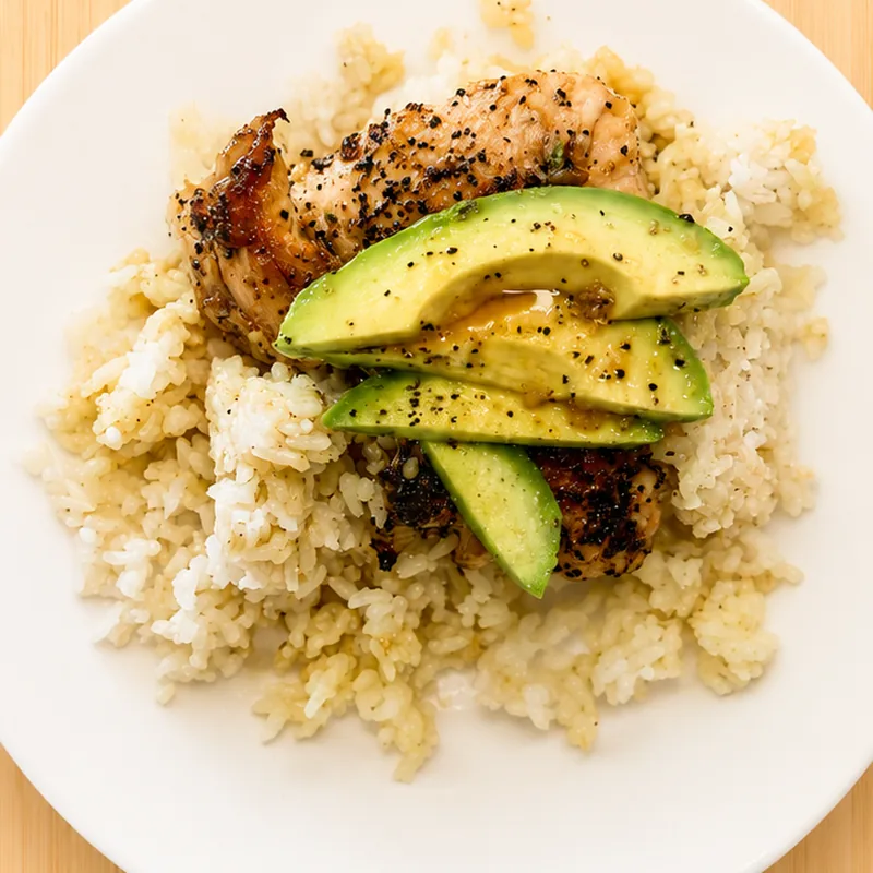 Honey Lime Chicken & Avocado Rice Stack, cooked and plated